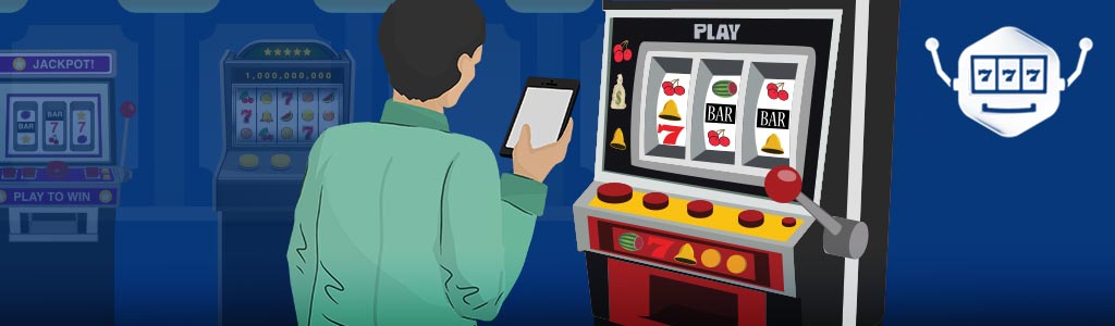 Spielautomat mit Spieler, der ein Handy hält